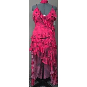 Alice + Olivia Nelia Ruffle Wrap Maxi Dress Size 14 Floral Raspberry